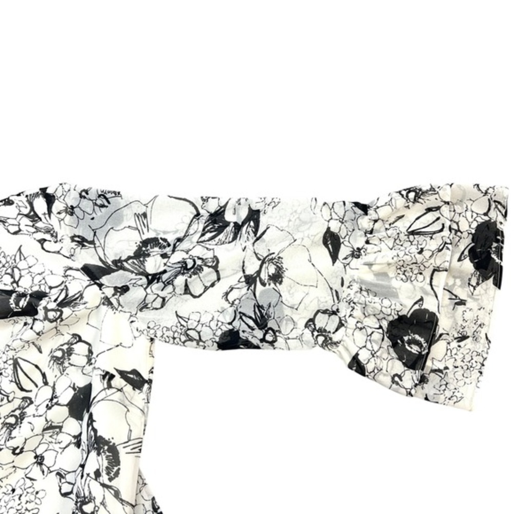 Talbots Floral Sheer-Overlay Blouse Large Cream Black‎ Ruffle Sleeve V-Neck Top - Picture 5 of 10
